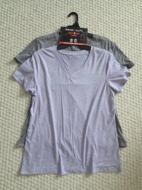 2 Pack Alpine Swiss Women's L Dri-Fit V-Neck Athletic Shirts Purple Gray NWT